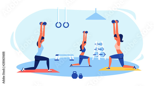 Three Women in Tracksuits Doing Exercises in Gym.