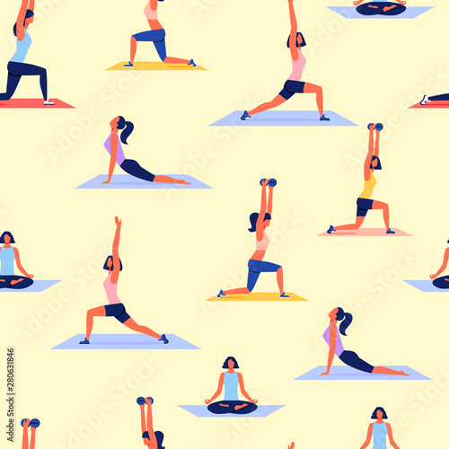 Various Poses Women Practicing Yoga. Sport Vector.