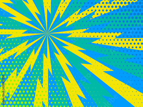 Blue and yellow Comic rays dots background. Vector illustration in pop art retro style