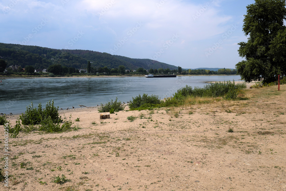 Wegen anhaltender Trockenheit ausgetrocknete Wiese am Ufer des Rheins bei Bad Hönningen Ende Juli 2019 - Stockfoto