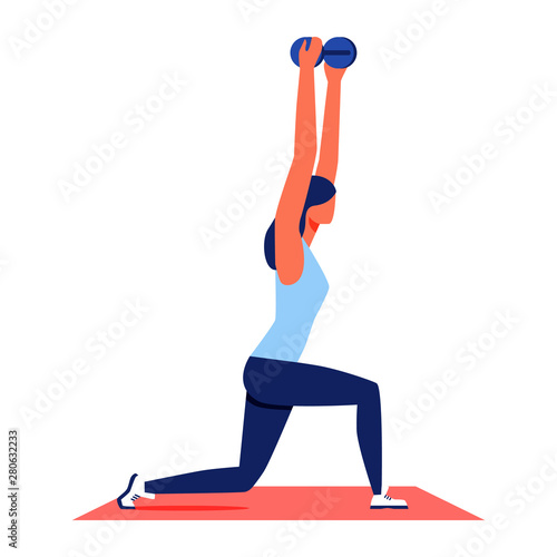 Sport Training for Women. Woman Lifts Dumbbells Up