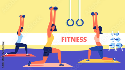 Group Women with Dumbbells in Hands Doing Fitness.