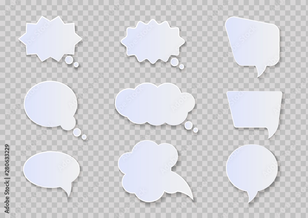 White paper cut speech bubbles on transparent background. White paper cut speech bubbles on transparent background.