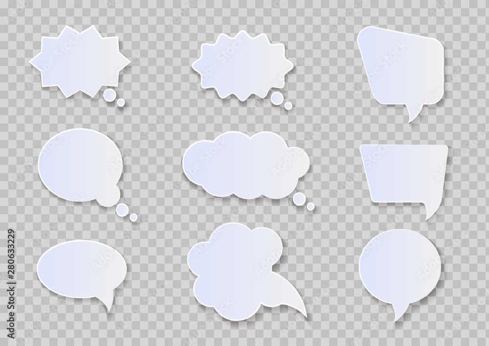 White paper cut speech bubbles on transparent background.