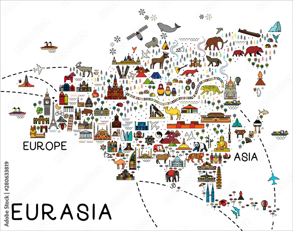 Naklejka premium Eurasia Map.Eurasia travel guide.Travel Poster with animals and sightseeing attractions.