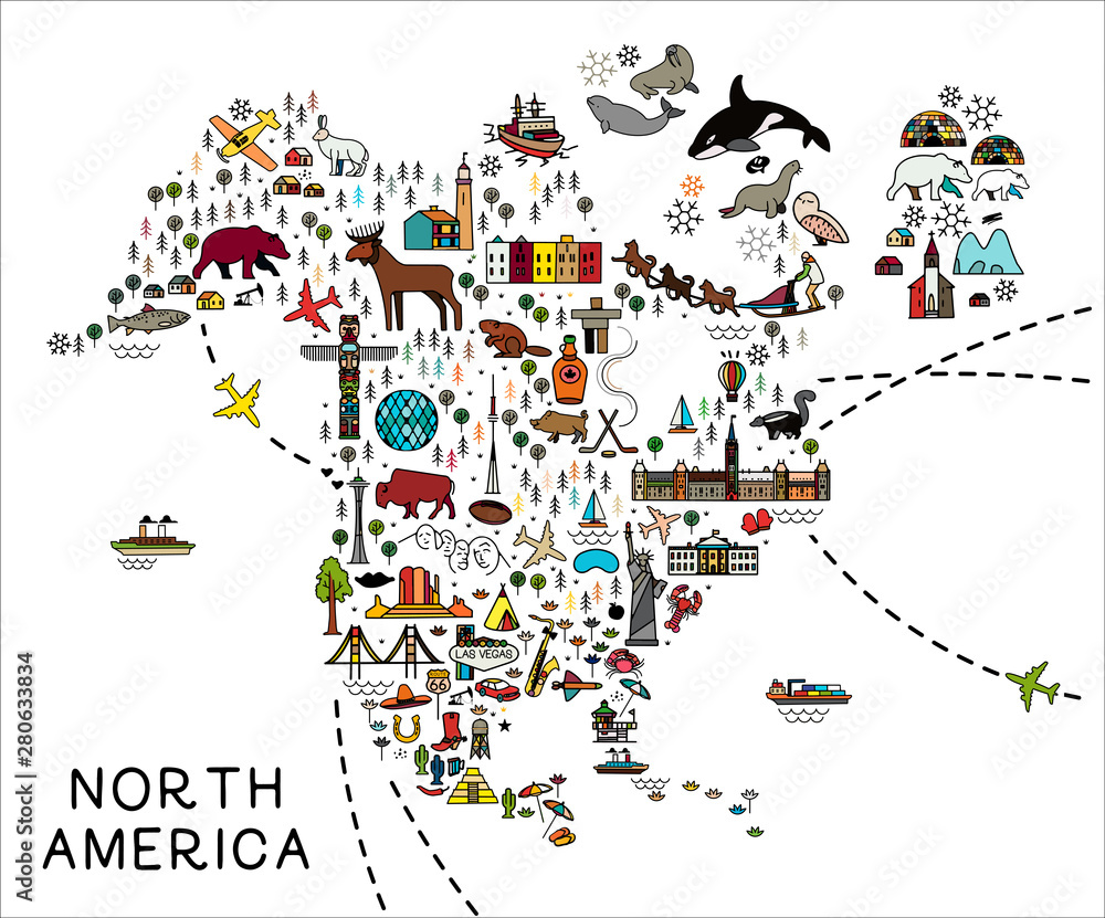 Cartoon map of North America. North America travel guide. Stock Vector |  Adobe Stock