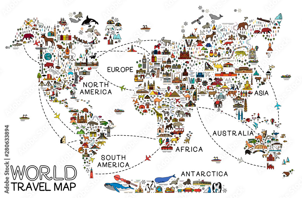 Fototapeta World Travel Line Icons Map. Travel Poster with animals and sightseeing attractions.