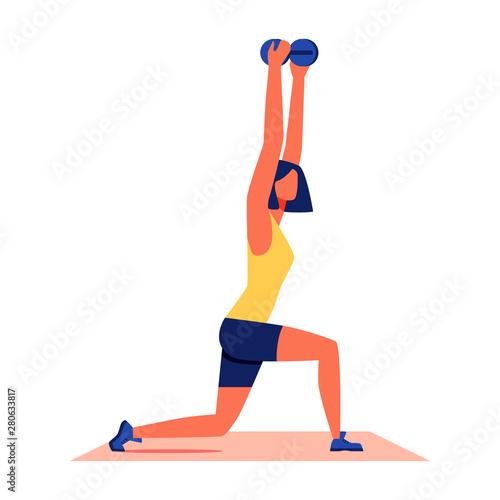 Woman Crouches with Dumbbells on White Background.