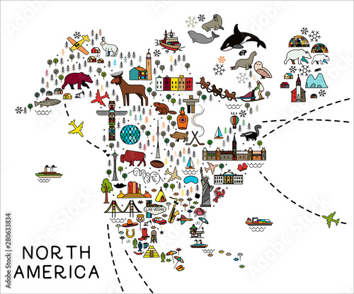 Cartoon map of North America. North America travel guide.
