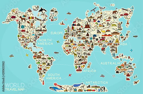 World Travel Line Icons Map. Travel Poster with animals and sightseeing attractions. © moloko88