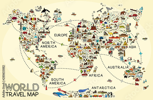 World Travel Line Icons Map. Travel Poster with animals and sightseeing attractions.