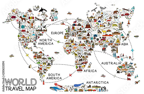 World Travel Line Icons Map. Travel Poster with animals and sightseeing attractions.