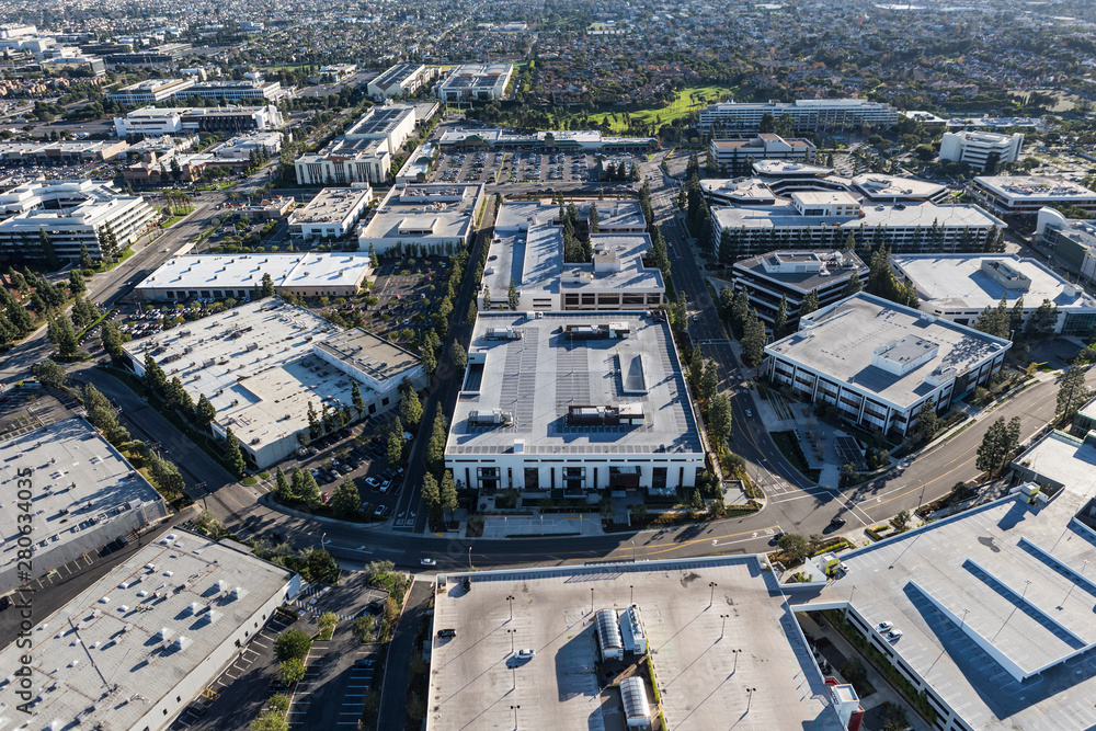 Aerial view of suburban commercial and industrial buildings in Los Angeles County, California.  