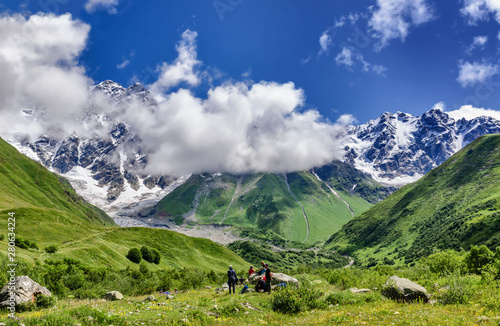 Georgia  Svaneti  Trek from Ushguli to Shkhara glacier. Beautiful view of valley  multi-colored  Nature and travel.