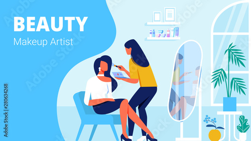 Beauty Makeup Artist and Client in Beauty Salon.
