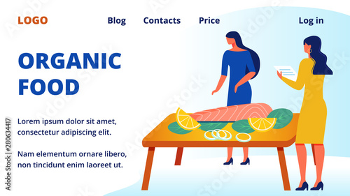 Advertising Image. Woman near Table. Organic Food.