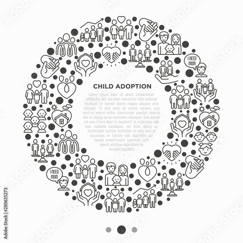 Child adoption concept in circle with thin line icons: adoptive parents, helping hand, orphan, home care, LGBT couple with child, custody, cargivers, happy kid. Modern vector illustration.