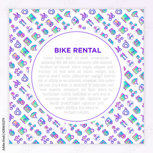Bike rental concept with thin line icons: rates, bicycle tours, pet trailer, padlock, helmet, child seat, sharing, pointer, deposit, mobile app, cycling route. Vector illustration for sport issues.