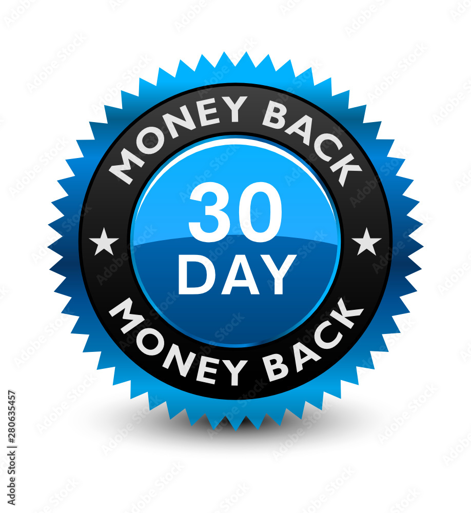 Excellent blue colored 30 day money back guaranteed seal, badge isolated on white background.