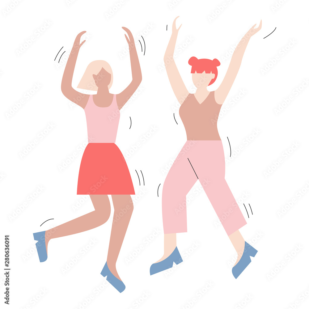 Couple of cartoon characters having fun dancing at a party. Two women dressed in trendy clothes dancing at club or concert.  Flat vector illustration