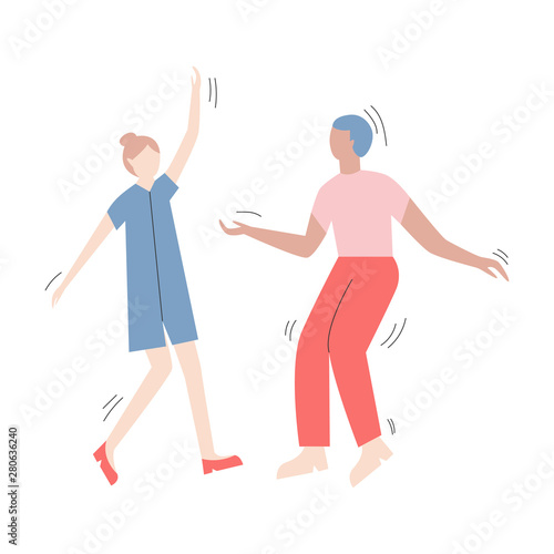 Couple of cartoon characters having fun dancing at a party. Two women dressed in trendy clothes dancing at club or concert.  Flat vector illustration