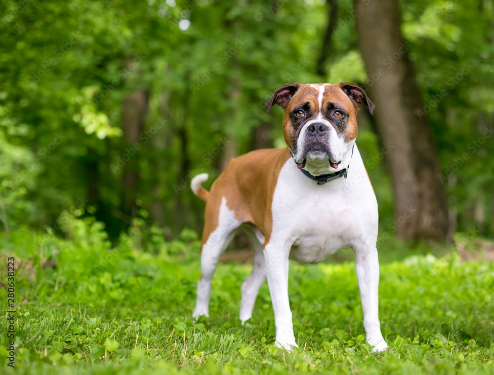 A Boxer/Bulldog mixed breed dog standing outdoors