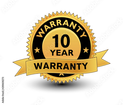 High quality golden 10 year warranty badge, sign, seal, label, stamp with ribbon.