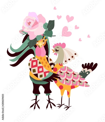 Funny rooster and hen in love isolated on white background. Wedding invitation.