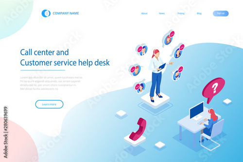 Isometric Communication support phone operator, Call center and Customer service help desk. Service desk consultant talking on a hands-free phone.