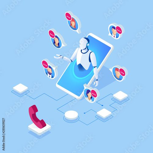 Isometric Communication support phone operator, Call center and Customer service help desk. Service desk consultant talking on a hands-free phone.