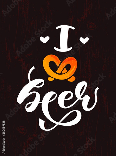 I love beer vector typography illustration for beer festival for greeting card, invitation, banner, poster, pack, sticker, t-shirt print. Oktoberfest design elements, handwritten lettering. EPS 10.