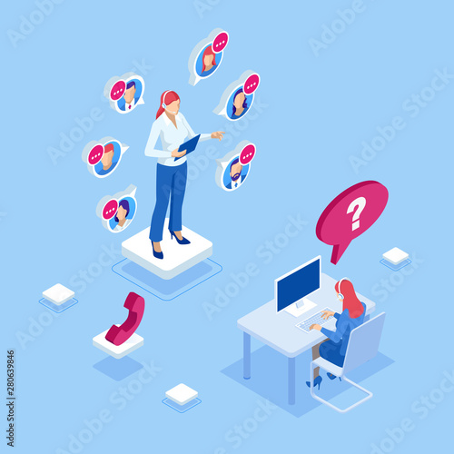 Isometric Communication support phone operator, Call center and Customer service help desk. Service desk consultant talking on a hands-free phone.