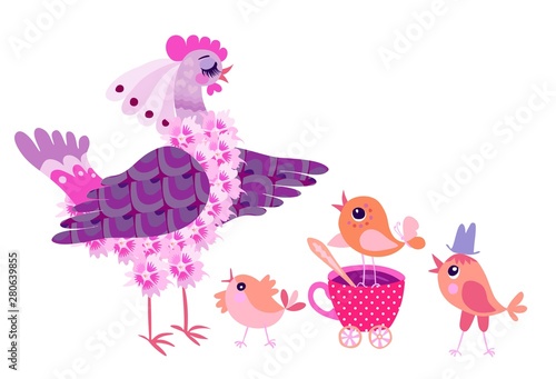 Cute hen, cup of tea and little chickens isolated on white background. Pretty card design for baby.