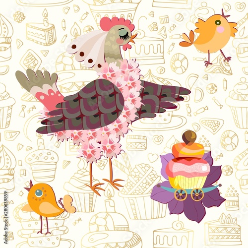 Seamless ornament with a chicken calling for peepers to dine a cupcake. Beautiful card for children.