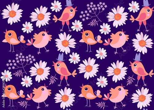 Seamless pattern with cute cartoon chickens, leaves and flowers on dark blue background. Print for fabric, wallpaper for baby.