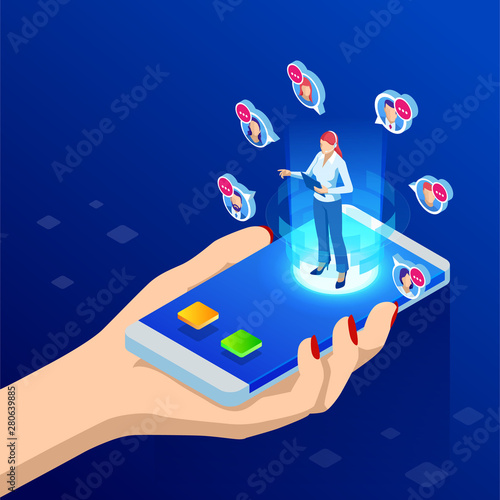 Isometric Communication support phone operator, Call center and Customer service help desk. Service desk consultant talking on a hands-free phone.