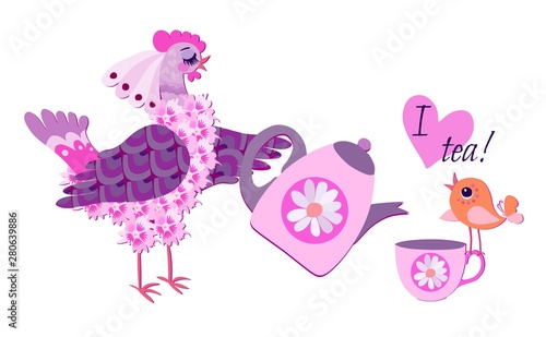 Funny hen pours tea from a teapot into a cup for little chicken, heart and text "I love tea!". Pretty card design.