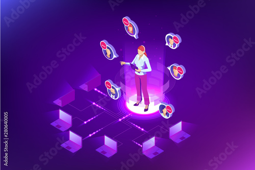 Isometric Communication support phone operator, Call center and Customer service help desk. Service desk consultant talking on a hands-free phone.