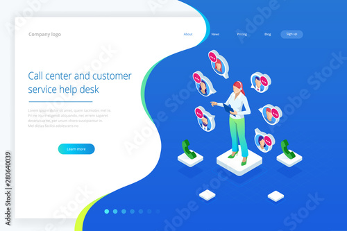Isometric Communication support phone operator, Call center and Customer service help desk. Service desk consultant talking on a hands-free phone.