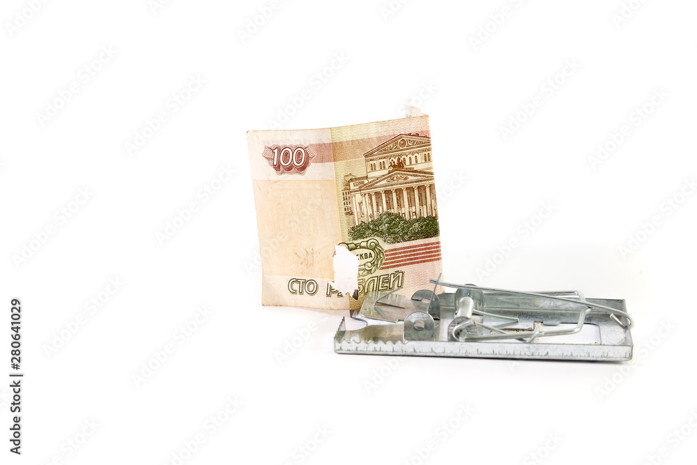 Money note and mousetrap on white background Money note and mousetrap on white background