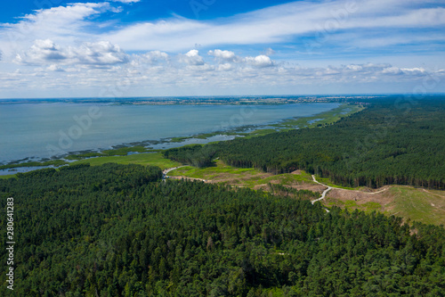 Aerial view of Vistula Spit, place for the future canal construction. Photo made by drone from above. Poland.