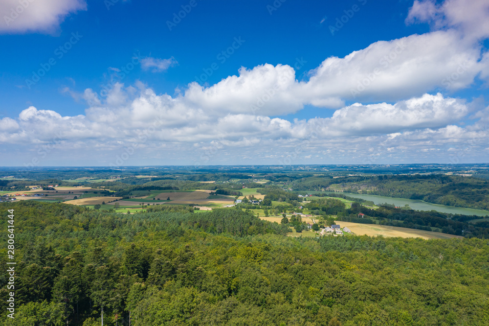 Naklejka premium Aerial view of Kashubian Landscape Park. Kaszuby. Poland. Photo made by drone from above. Bird eye view.