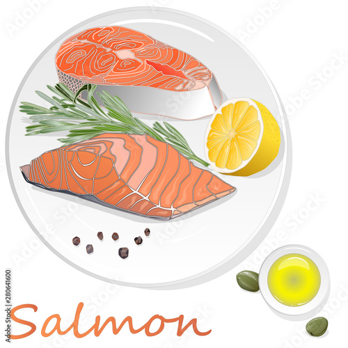 Raw salmon fillets with herbs on the plate. White background. Vector illustration