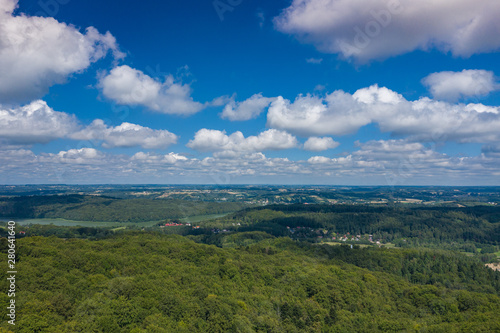 Aerial view of Kashubian Landscape Park. Kaszuby. Poland. Photo made by drone from above. Bird eye view.