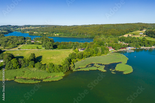 Aerial view of Kashubian Landscape Park. Kaszuby. Poland. Photo made by drone from above. Bird eye view.
