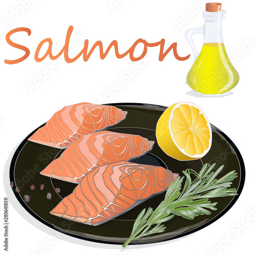 Raw salmon fillets with herbs on the plate. White background. Vector illustration