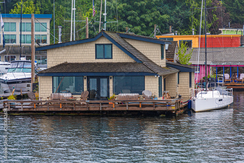 Floating House in Lake Union on Cloudy Day