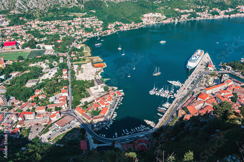 Boka Kotor bay and medieval town Kotor on Adriatic sea coast at Montenegro. View from above