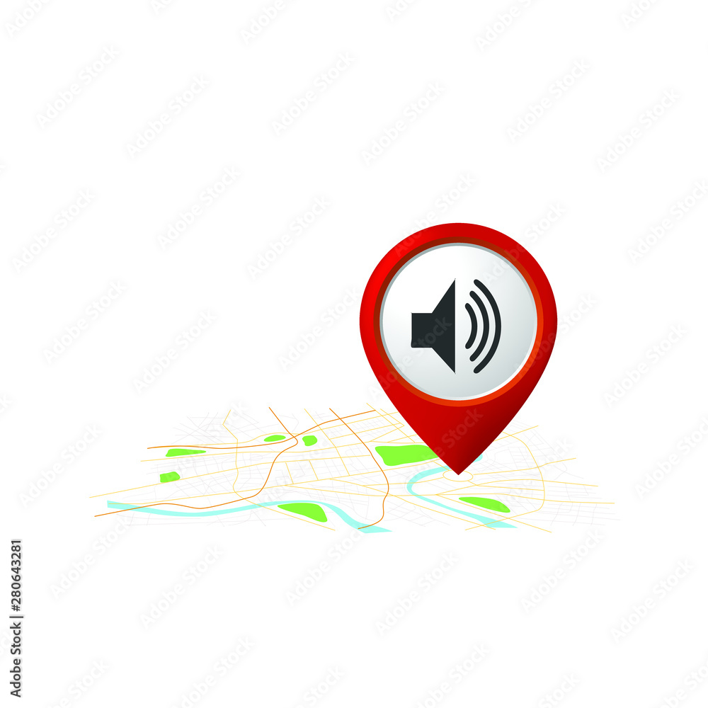 Red map pointer with speaker icon Red map pointer with speaker icon