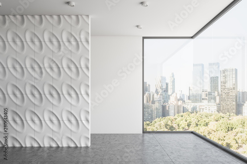 Empty white pattern wall panoramic room interior